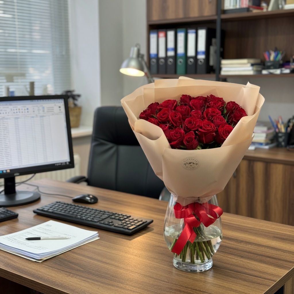 red rose (25 pcs.), packaging, ribbon