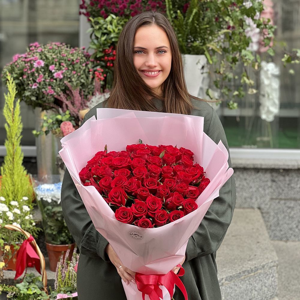 red rose (51 pcs.), packaging, ribbon
