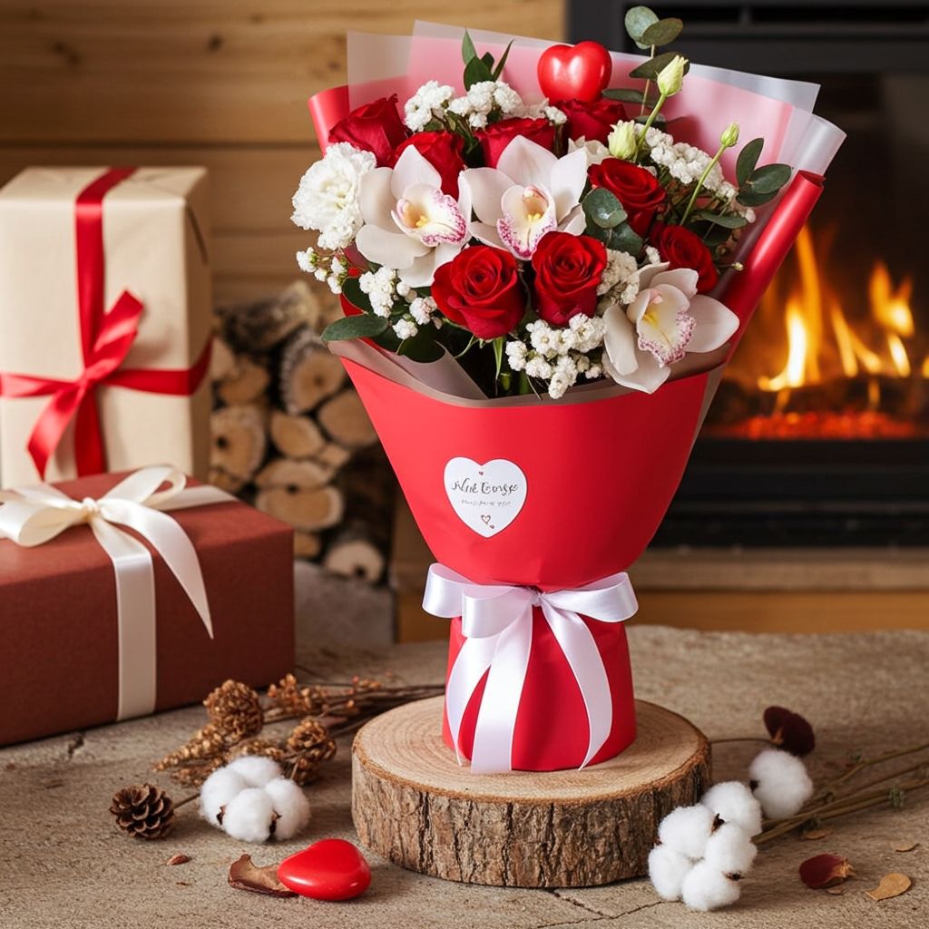 red rose, red bush rose, white cymbidium, white eustoma, decorative heart, packaging, ribbon