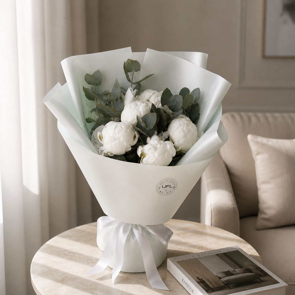 peony (7 pcs.), eucalyptus, packaging, ribbon