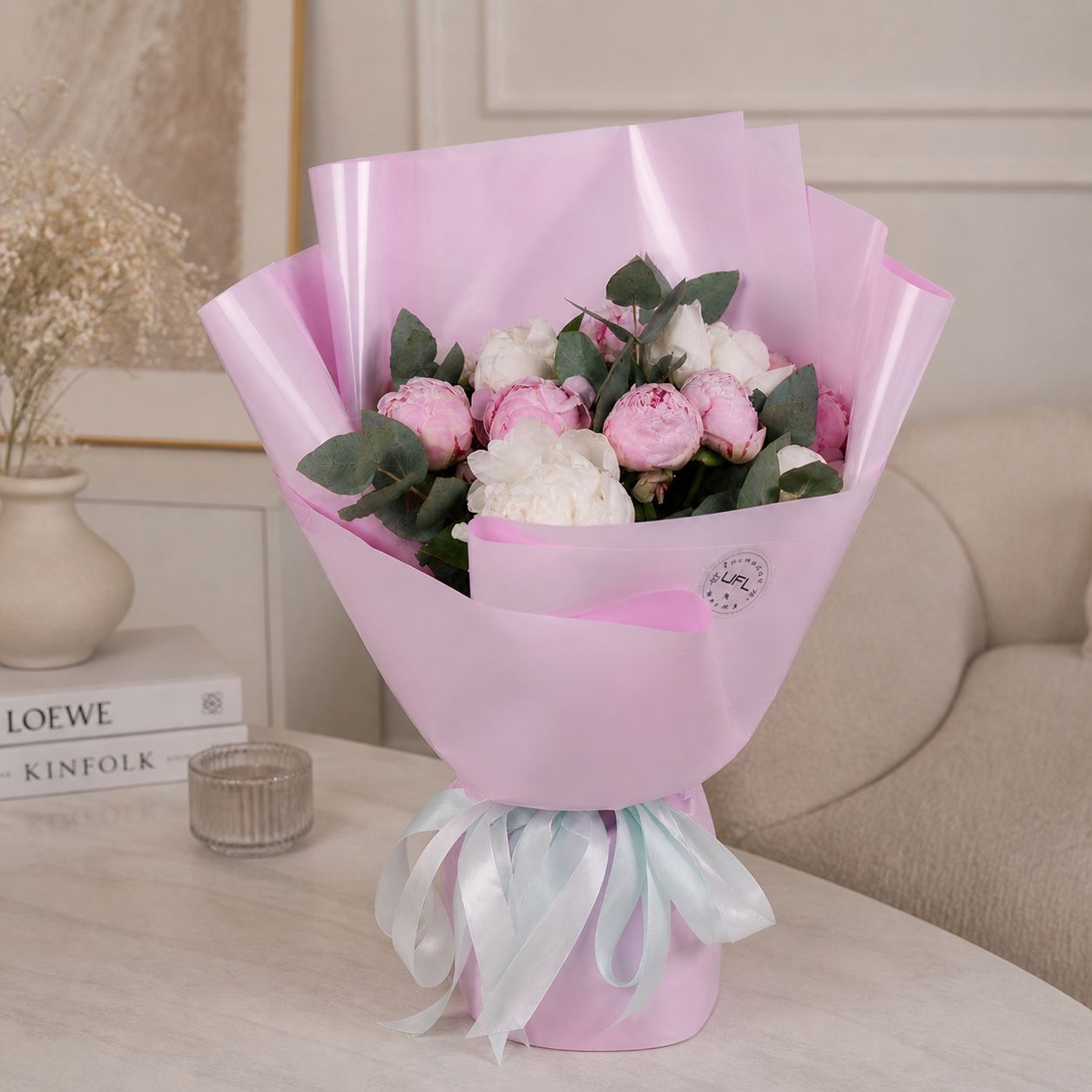 white peony (7 pcs.), pink peony, eucalyptus, packaging, ribbon