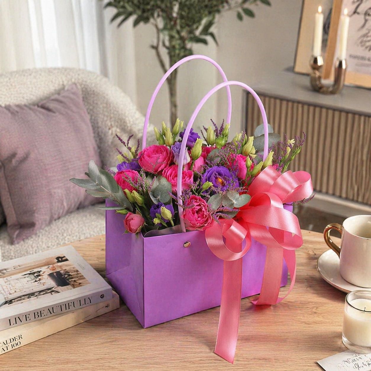 eustoma, eucalyptus, limonium, oasis, floral bag, packaging, ribbon