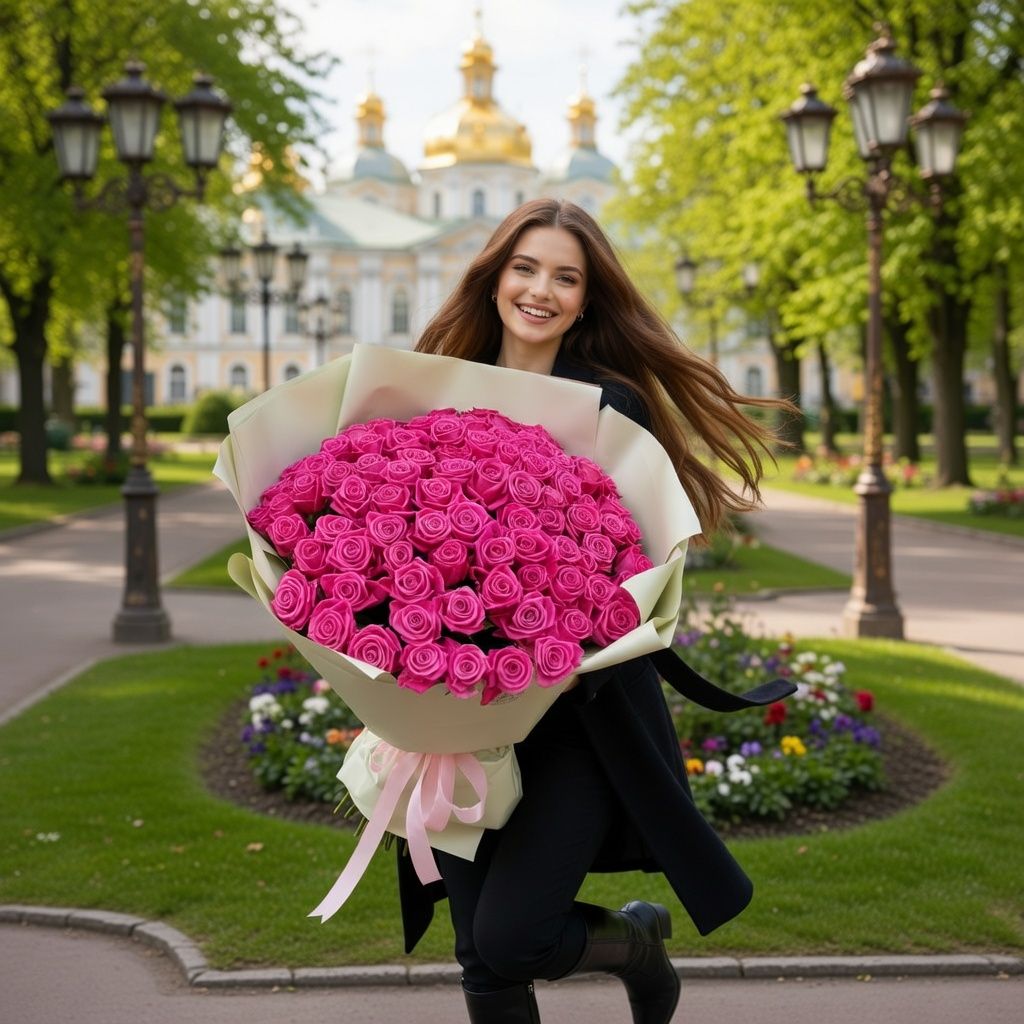 pink rose (101 pcs.), packaging, ribbon