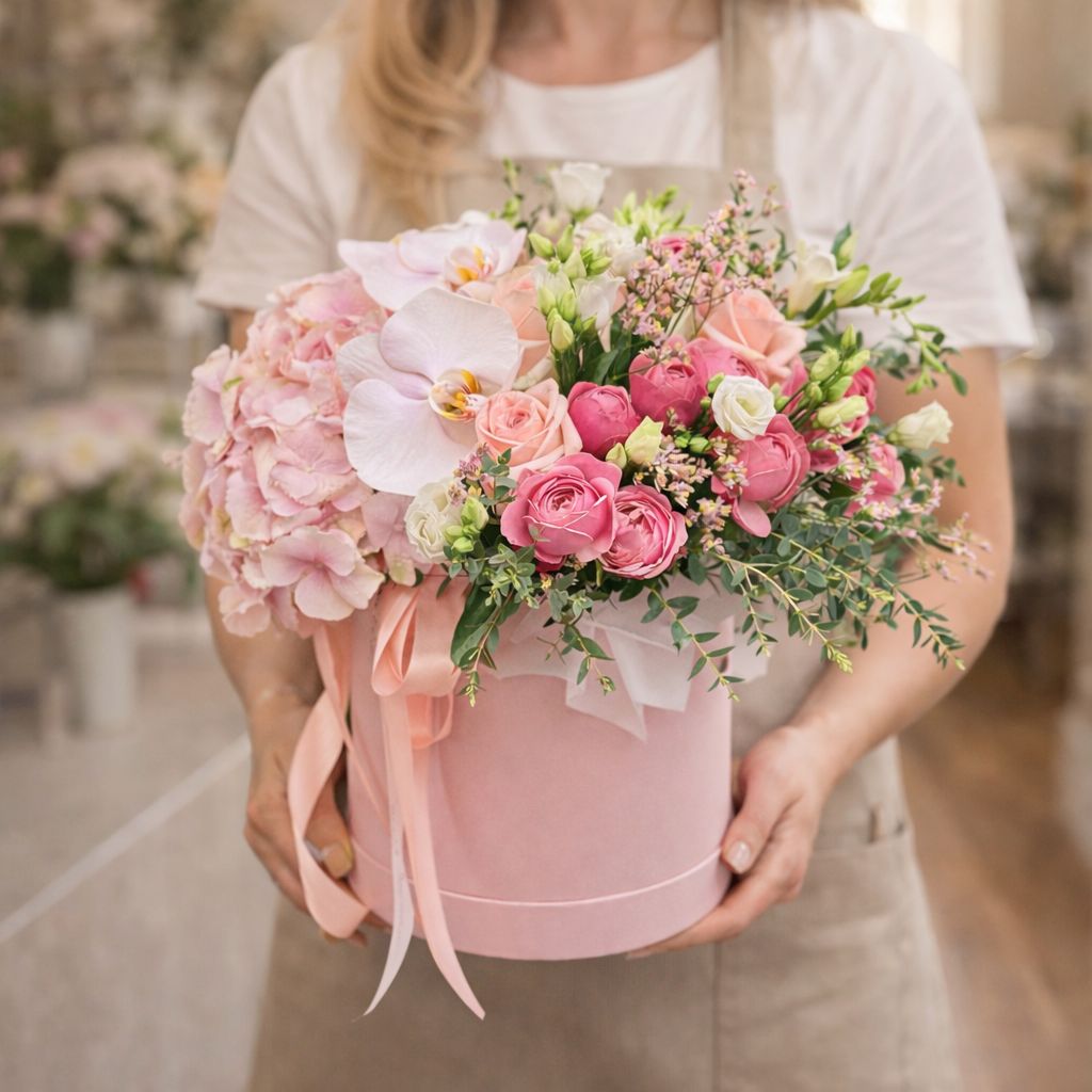 pink hydrangea, phalaenopsis orchid flower, cream kimberly rose (5 pcs.), rose silva pink bubbles, white eustoma, limonium, packaging, ribbon