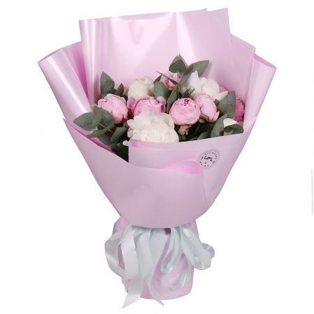 white peony (7 pcs.), pink peony, eucalyptus, packaging, ribbon