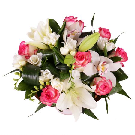 pink rose (7 pcs.), white lily, white freesia, white cymbidium, packaging, ribbon