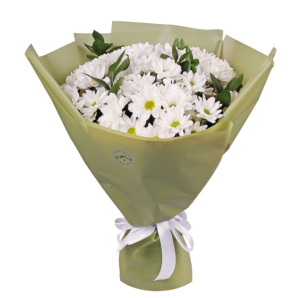 white spray chrysanthemum (7 pcs.), ruscus, packaging, ribbon