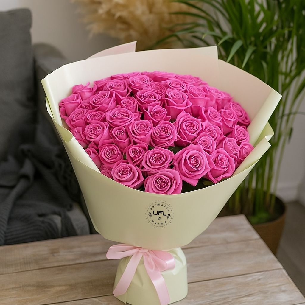pink rose (51 pcs.), packaging, ribbon