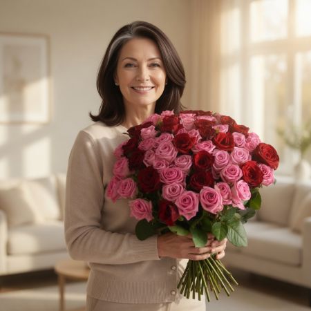 pink rose (35 pcs.), packaging, ribbon