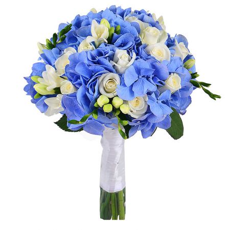 hydrangea, rose (11 pcs.), freesia, packaging, ribbon