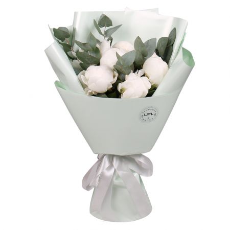 peony (7 pcs.), eucalyptus, packaging, ribbon