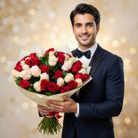 cream rose (25 pcs.), packaging, ribbonred rose (26 pcs.)