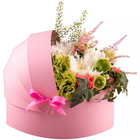 freesia, spray roses, heleborus, light green eustoma, chrysanthemum (3 pcs.), oasis, astilbe, packaging, ribbon