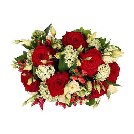 rose (9 pcs.), viburnum, hypericum, decorative box, oasis, packaging, ribbon