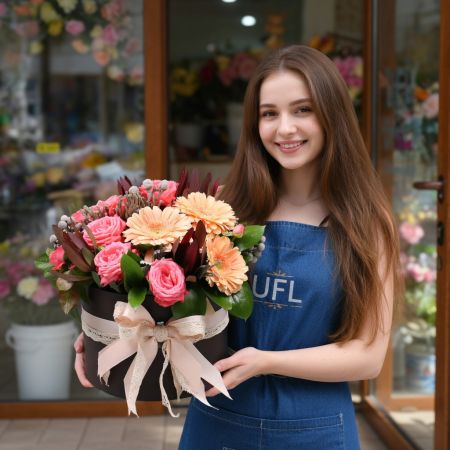brunia, carnation, leucodendron, oasis, large round box, orange spray rose (3 pcs.), cream gerbera, packaging, ribbon