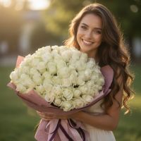 white rose (101 pcs.), packaging, ribbon