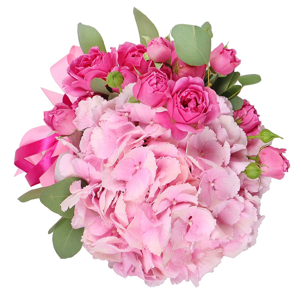 pink hydrangea, rose silva pink bubbles (5 pcs.), oasis, round box, packaging, ribbon