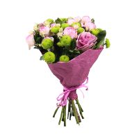 chrysanthemum, spray rose, brassica, packaging, ribbon