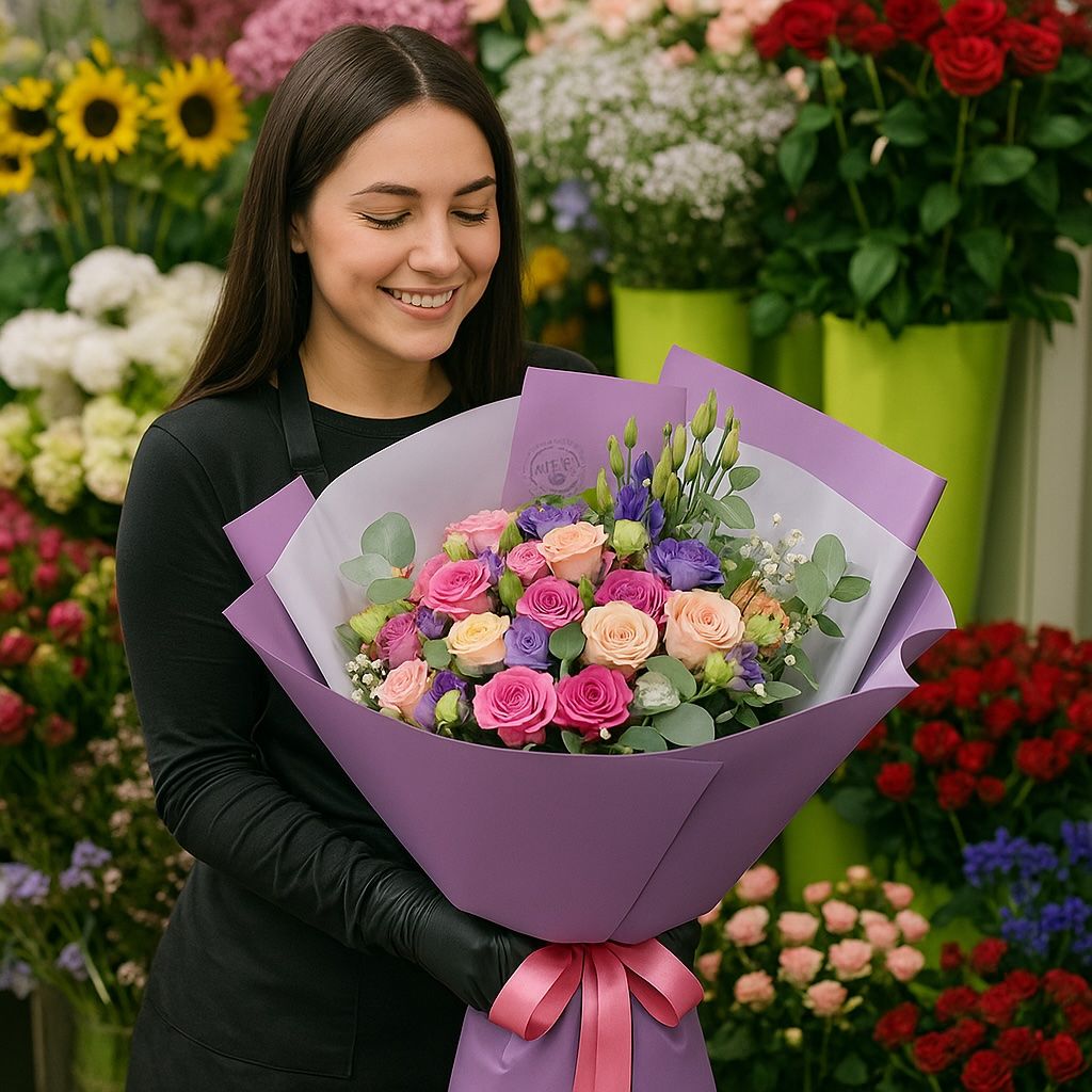 spray roses, trachelium, rose silva pink bubbles, violet eustoma, eucalyptus, packaging, ribbon