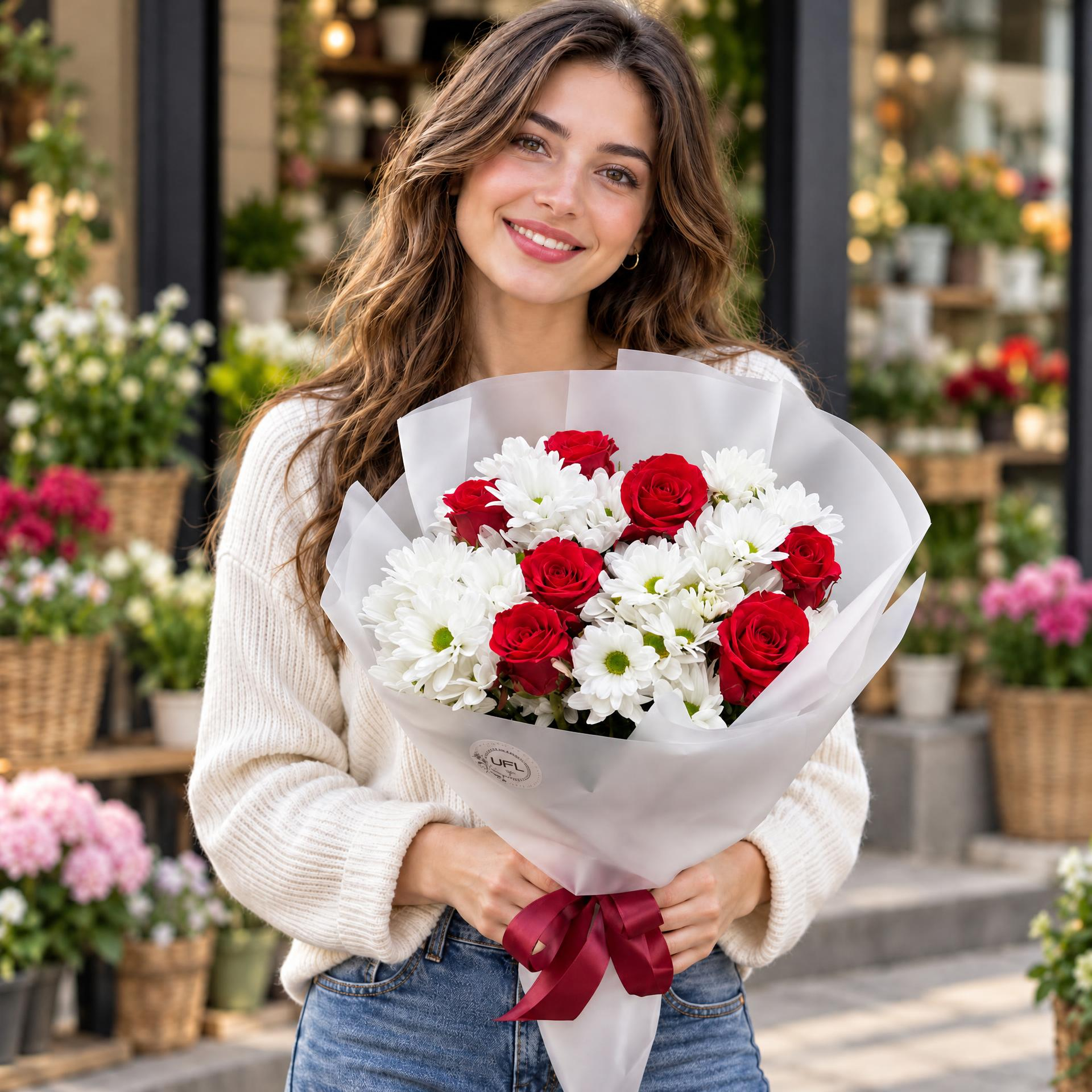 white spray chrysanthemum, red rose (7 pcs.), packaging, ribbon