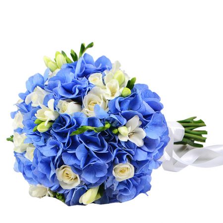 hydrangea, rose (11 pcs.), freesia, packaging, ribbon