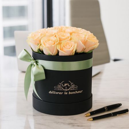 cream rose (21 pcs.), oasis, embossed box, packaging, ribbon