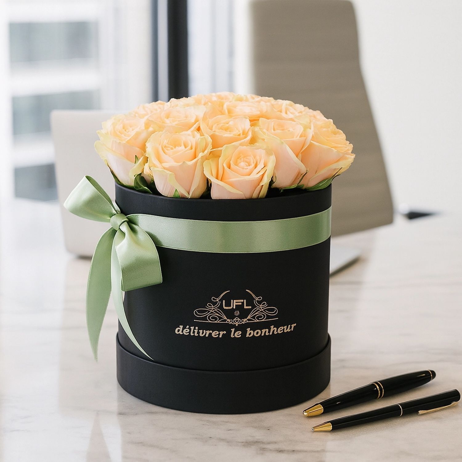 cream rose (21 pcs.), oasis, embossed box, packaging, ribbon