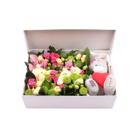 bear toy, square box, cymbidium (3 pcs.), chrysanthemum (3 pcs.), hypericum (3 pcs.), spray roses (3 pcs.), packaging, ribbon