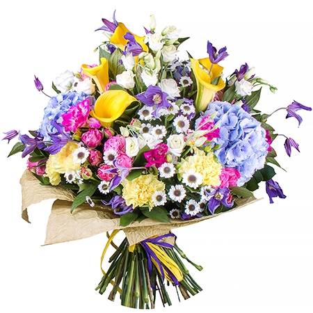 callas, hydrangea, clematis, eustoma, freesia, carnation, packaging, ribbon