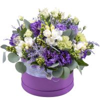 freesia, carnation, eustoma, oasis, solidago, skimmia, packaging, ribbon