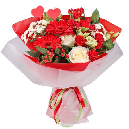 white rose, red gerbera, white Stallion chrysanthemum, white eustoma, red hypericum, red spray rose, packaging, ribbon