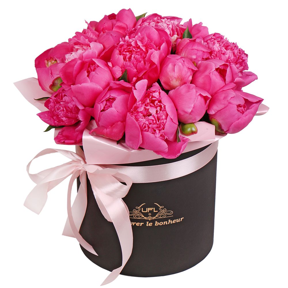 box, oasis, peony (21 pcs.), packaging, ribbon