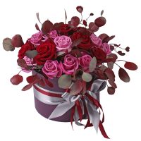 rose (8 pcs.), rose (13 pcs.), eucalyptus, box, packaging, ribbon