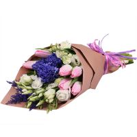 tulip (7 pcs.), eustoma, solidago, hyacinth, packaging, ribbon